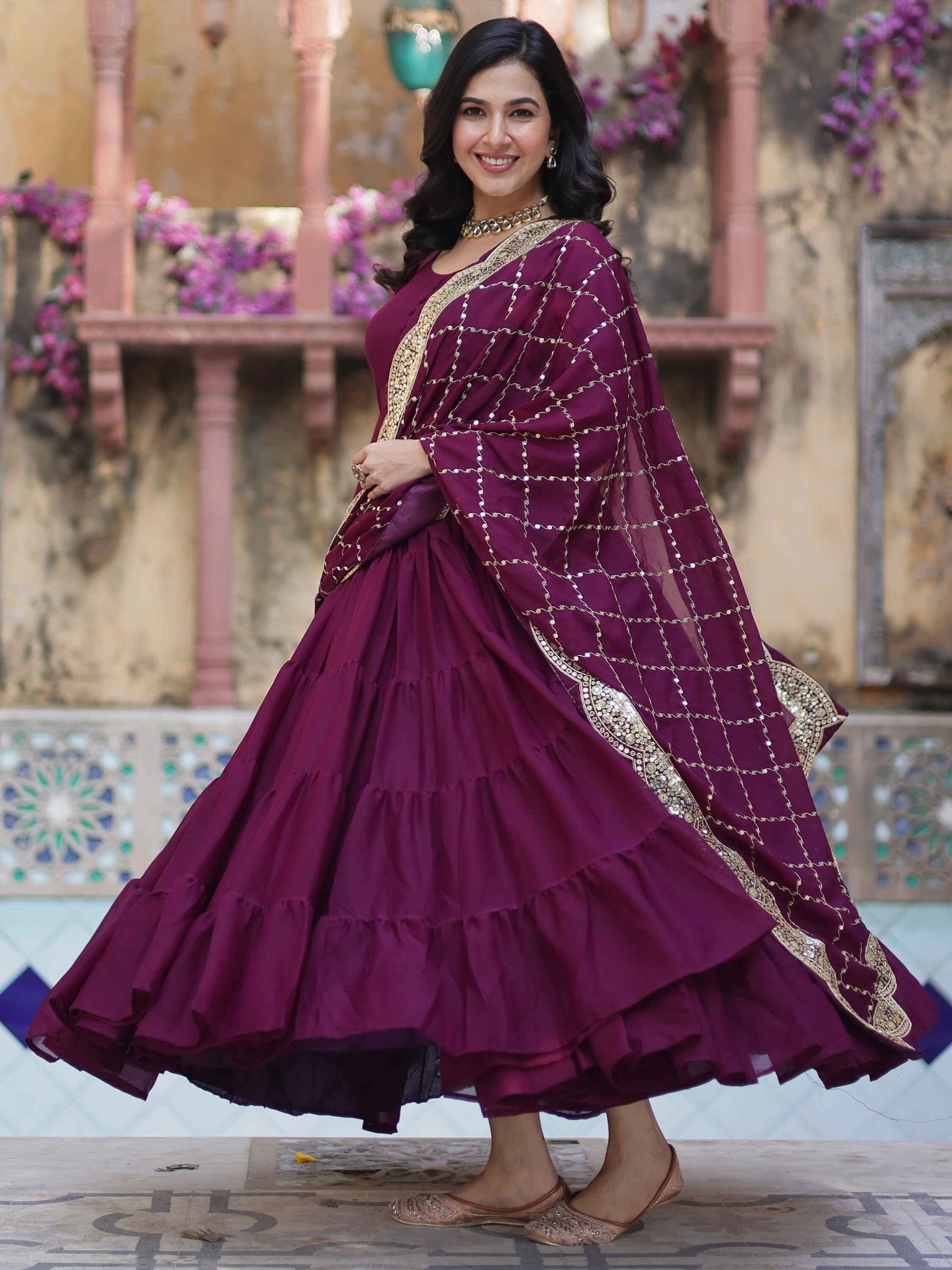 Wonderful Wine Color Georgette Function Wear Gown With Dupatta