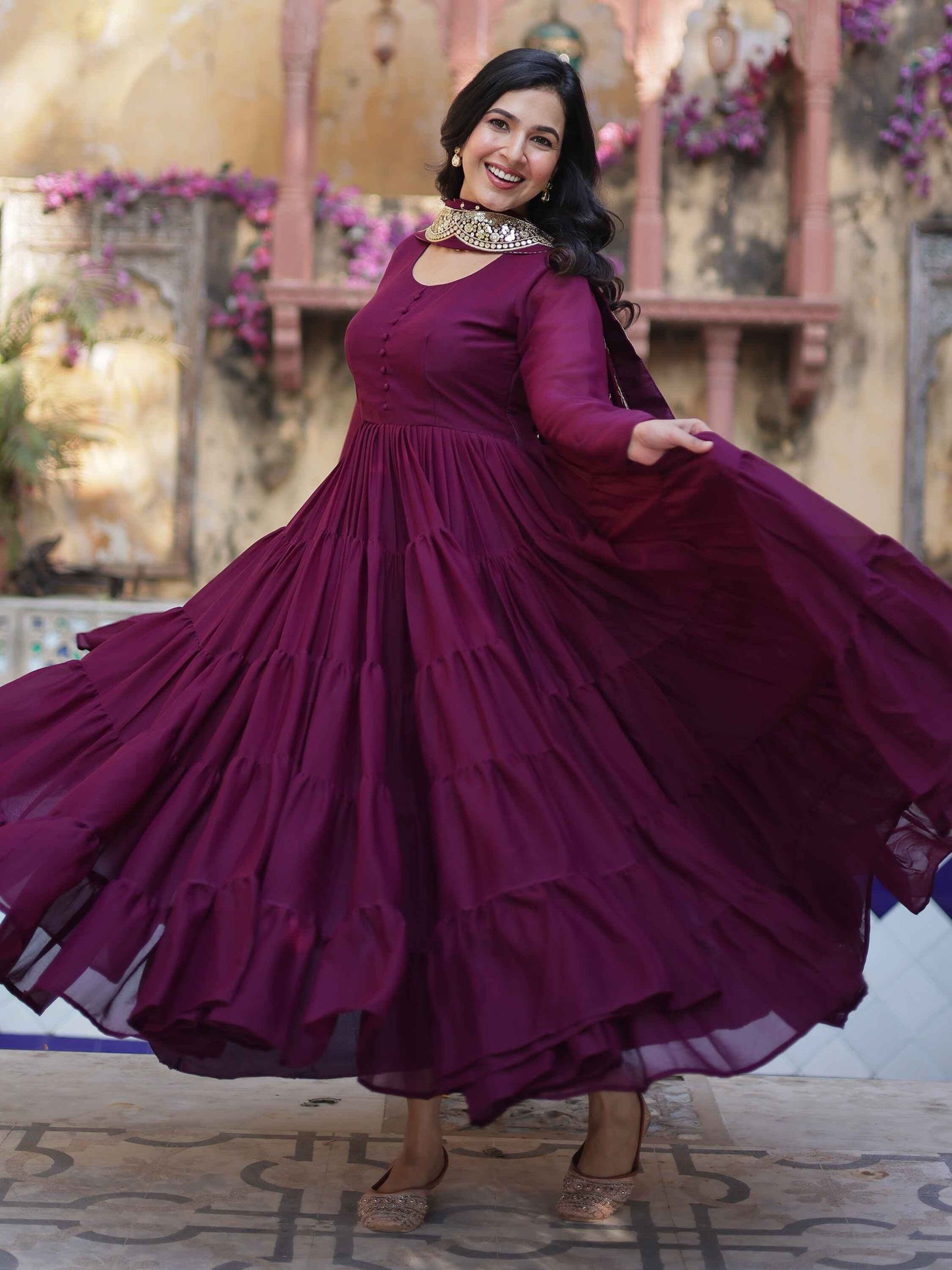 Wonderful Wine Color Georgette Function Wear Gown With Dupatta
