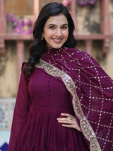 Wonderful Wine Color Georgette Function Wear Gown With Dupatta