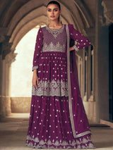 Wonderful Wine Embroidered Georgette Gharara Suit With Dupatta