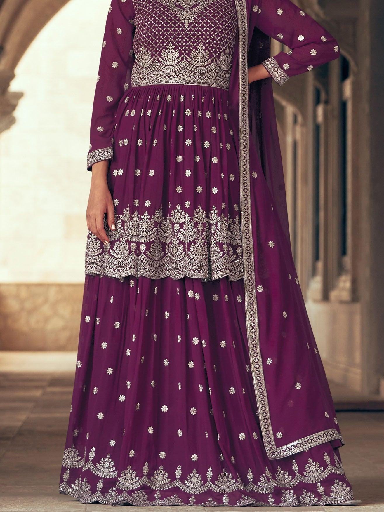 Wonderful Wine Embroidered Georgette Gharara Suit With Dupatta