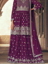 Wonderful Wine Embroidered Georgette Gharara Suit With Dupatta