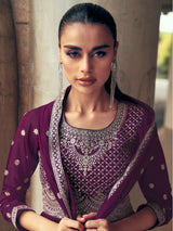 Wonderful Wine Embroidered Georgette Gharara Suit With Dupatta