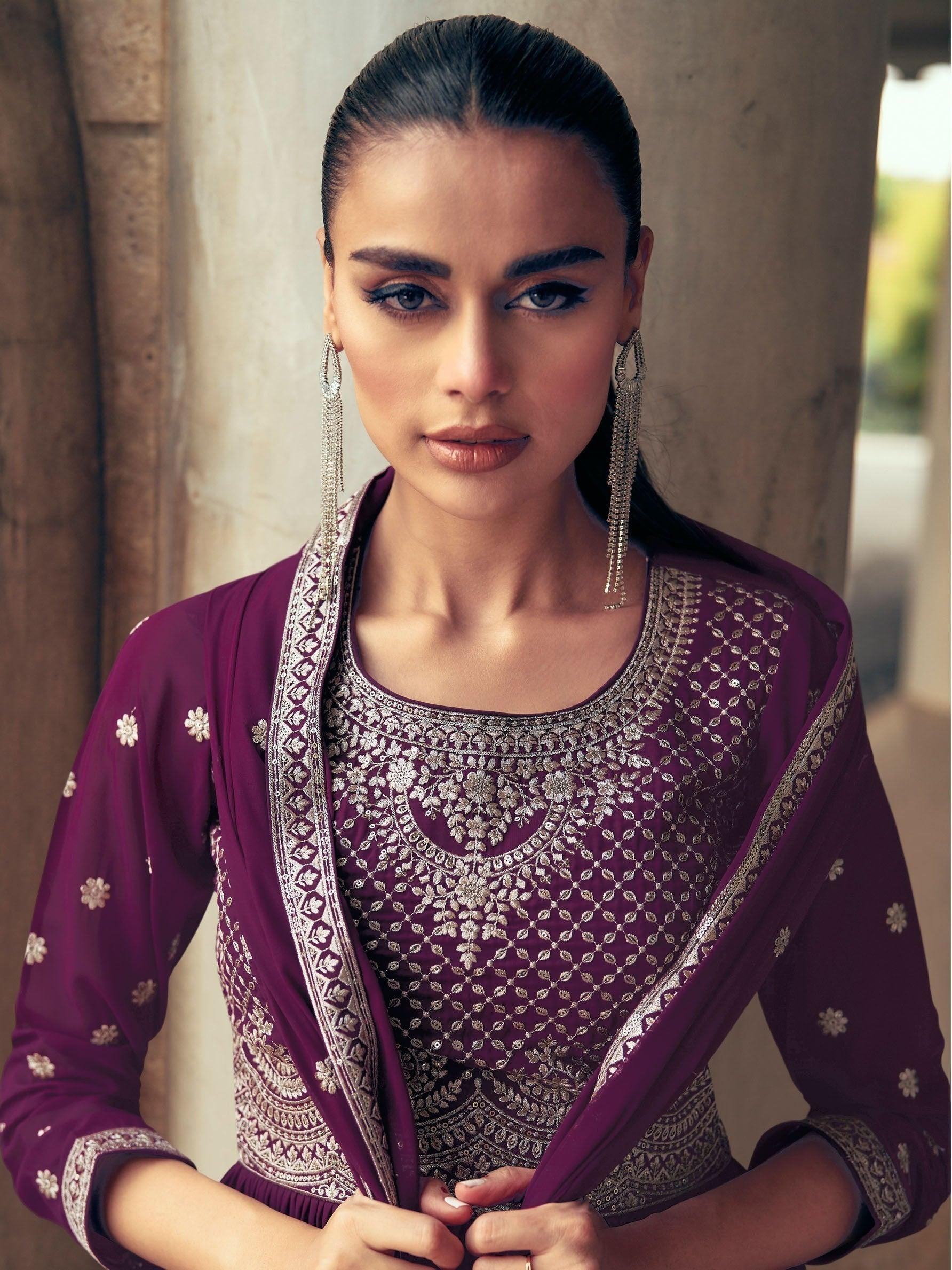 Wonderful Wine Embroidered Georgette Gharara Suit With Dupatta