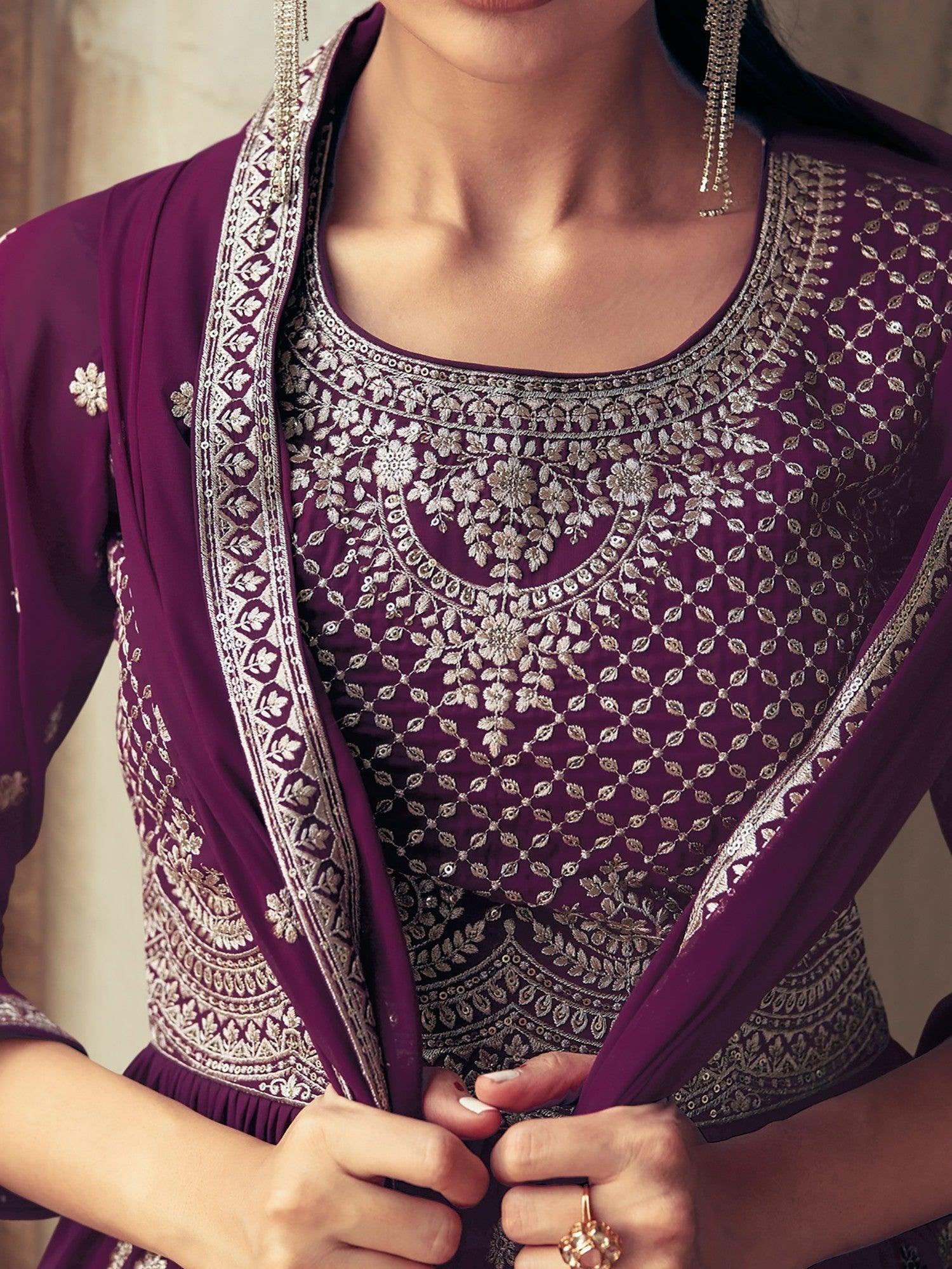 Wonderful Wine Embroidered Georgette Gharara Suit With Dupatta