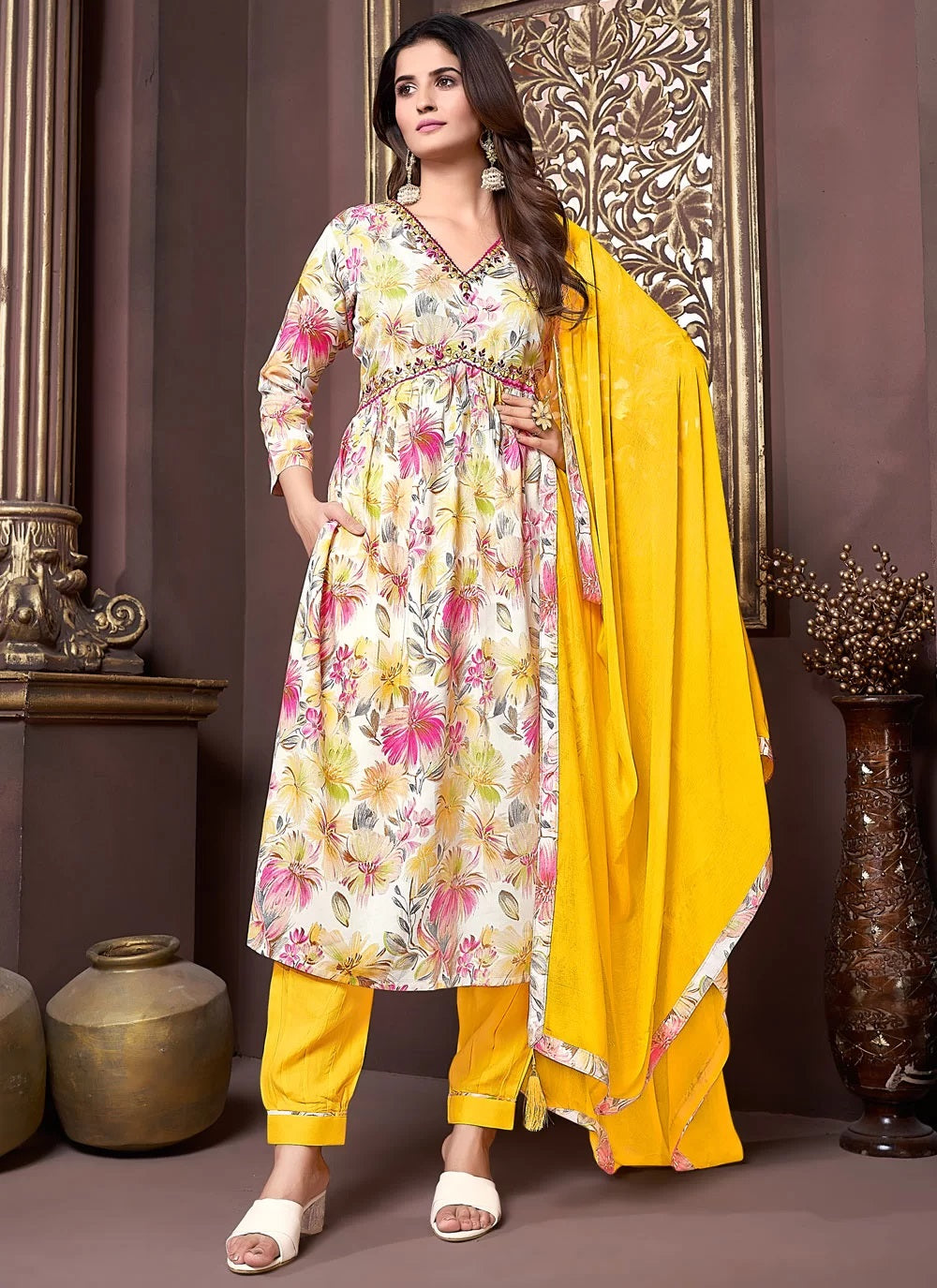 Wonderful yellow women floral print a line kurta set