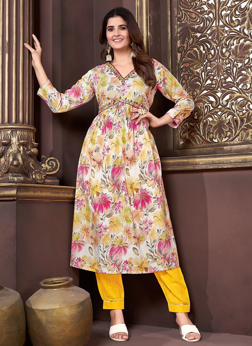 Wonderful yellow women floral print a line kurta set