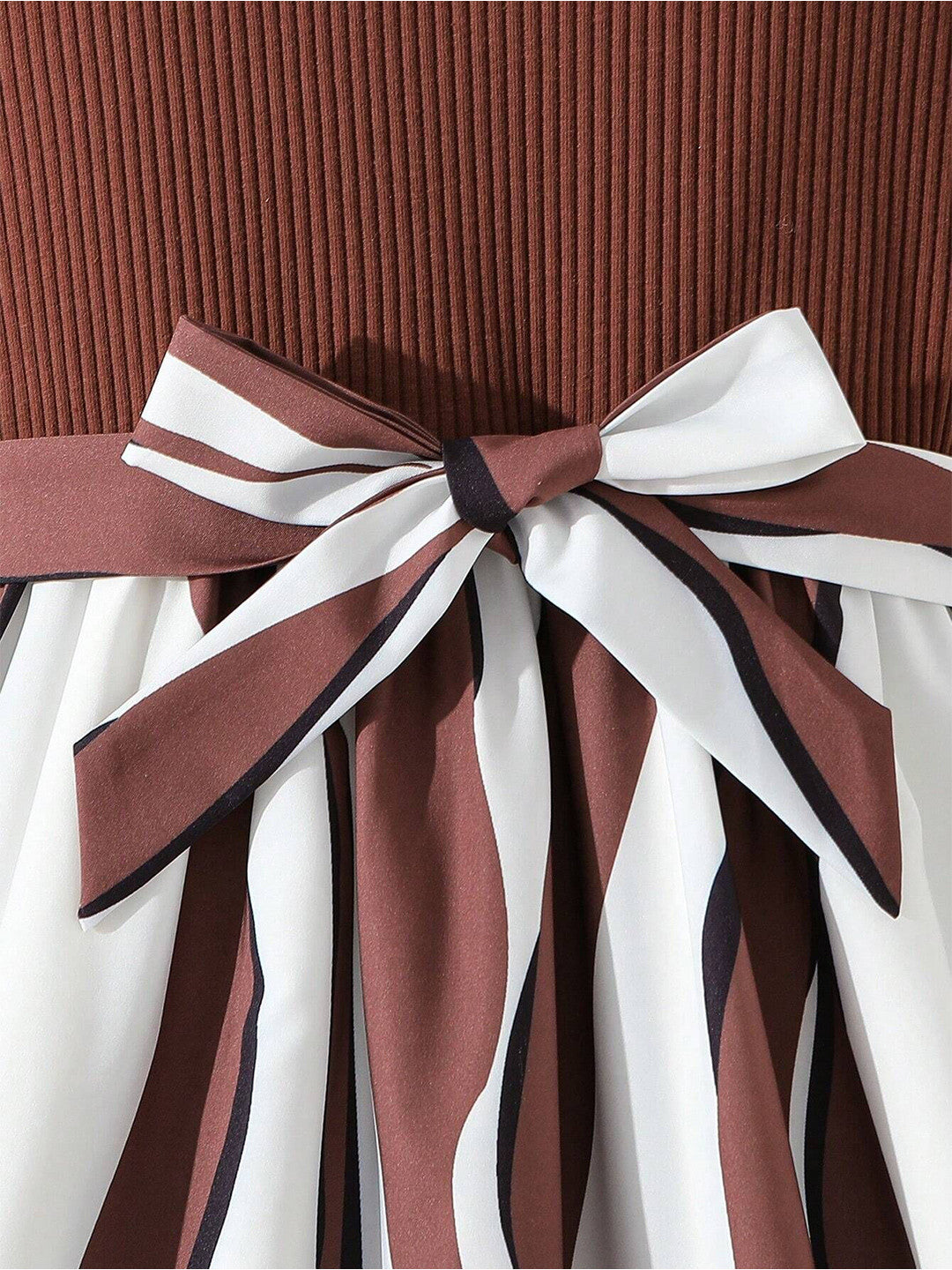 Girls Brown Ribbed Party Dress with Printed Flared Skirt