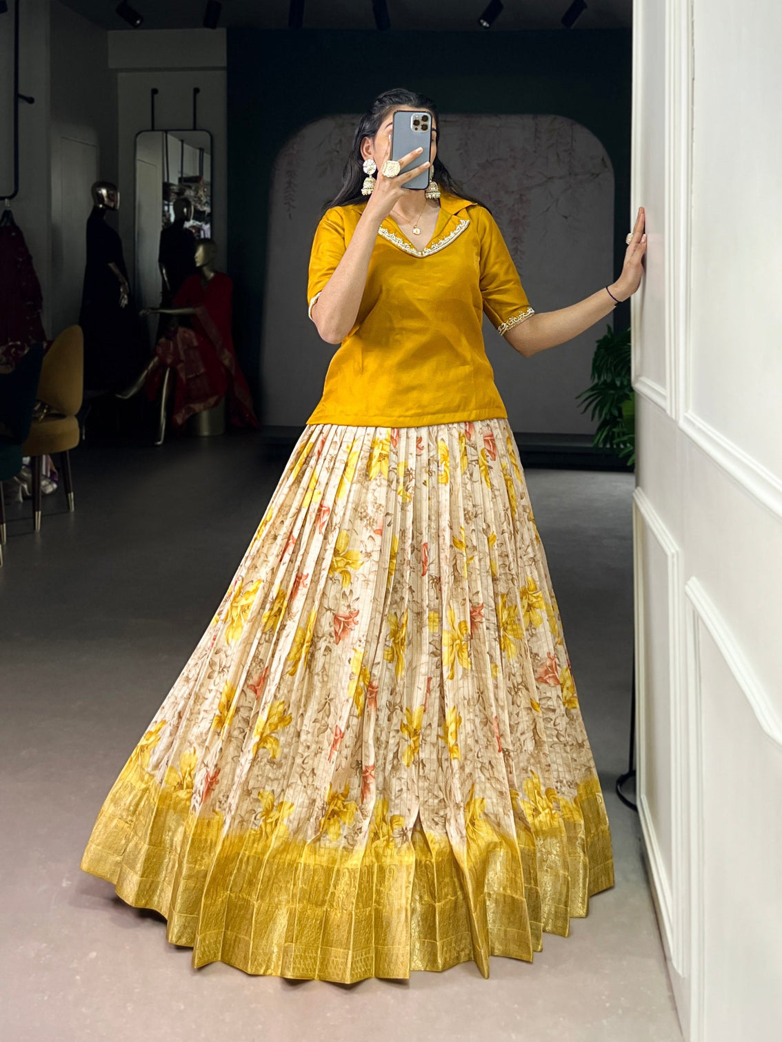Yelllow Elegant Dola Chex Floral Printed Lehenga with Zari Weaving and Sequined Banglory Blouse – Stitched Set