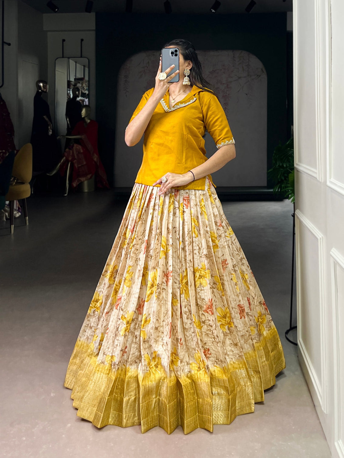 Yelllow Elegant Dola Chex Floral Printed Lehenga with Zari Weaving and Sequined Banglory Blouse – Stitched Set