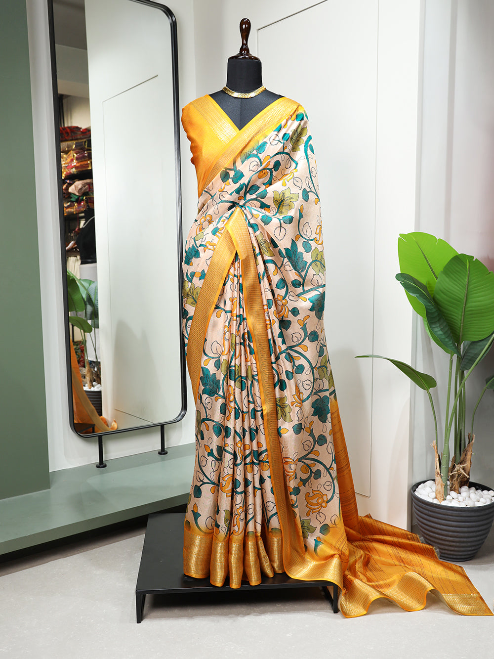 Yellow Color Printed With Zari Border Dola Silk Saree