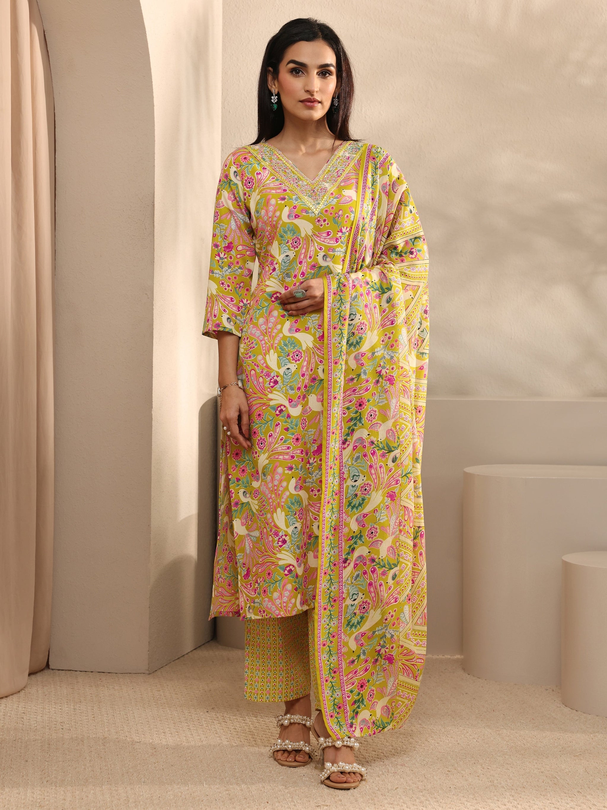Yellow Abstract Printed Cotton Straight Suit Set With Dupatta