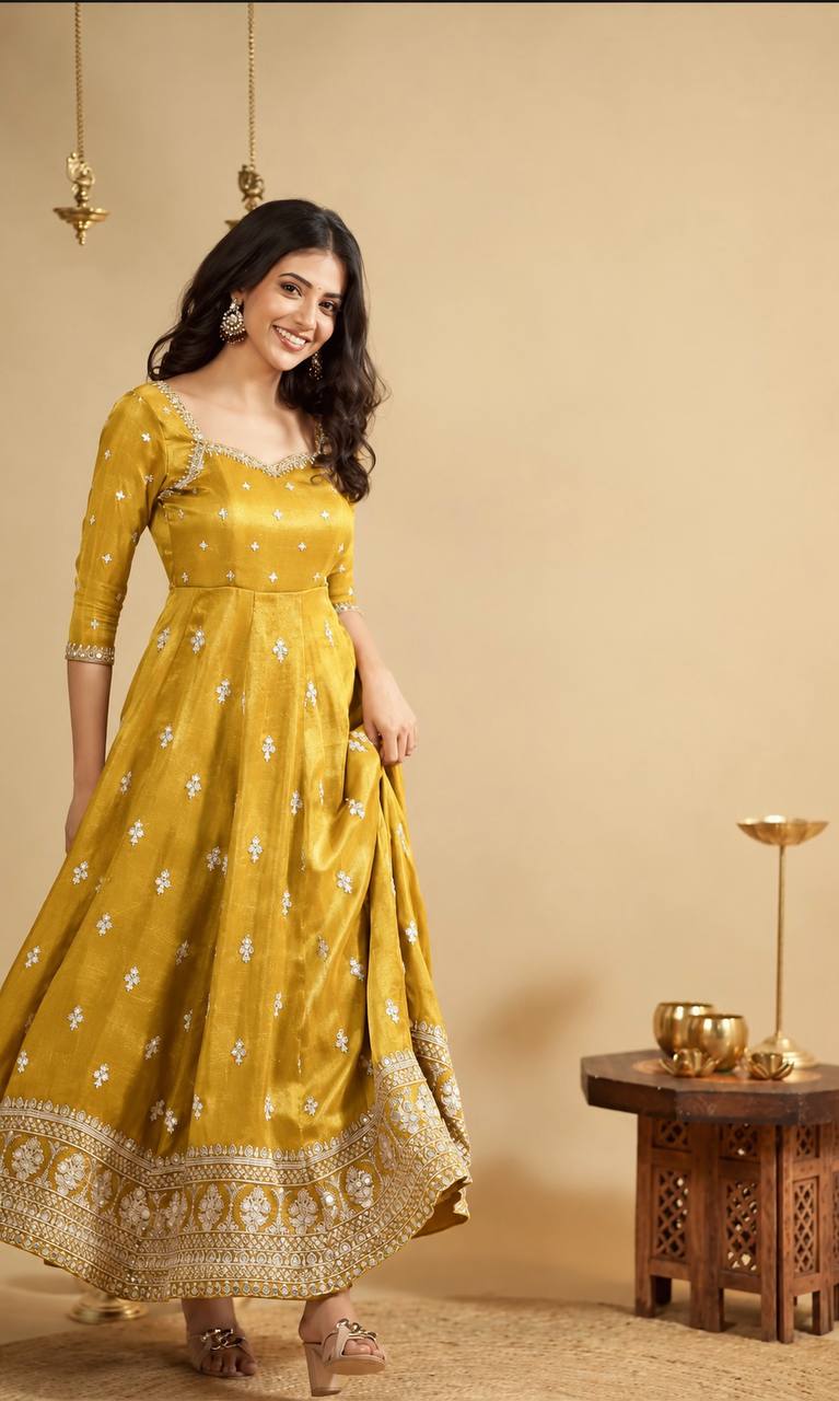 Yellow Anarkali Suit with Heavy Embroidery work