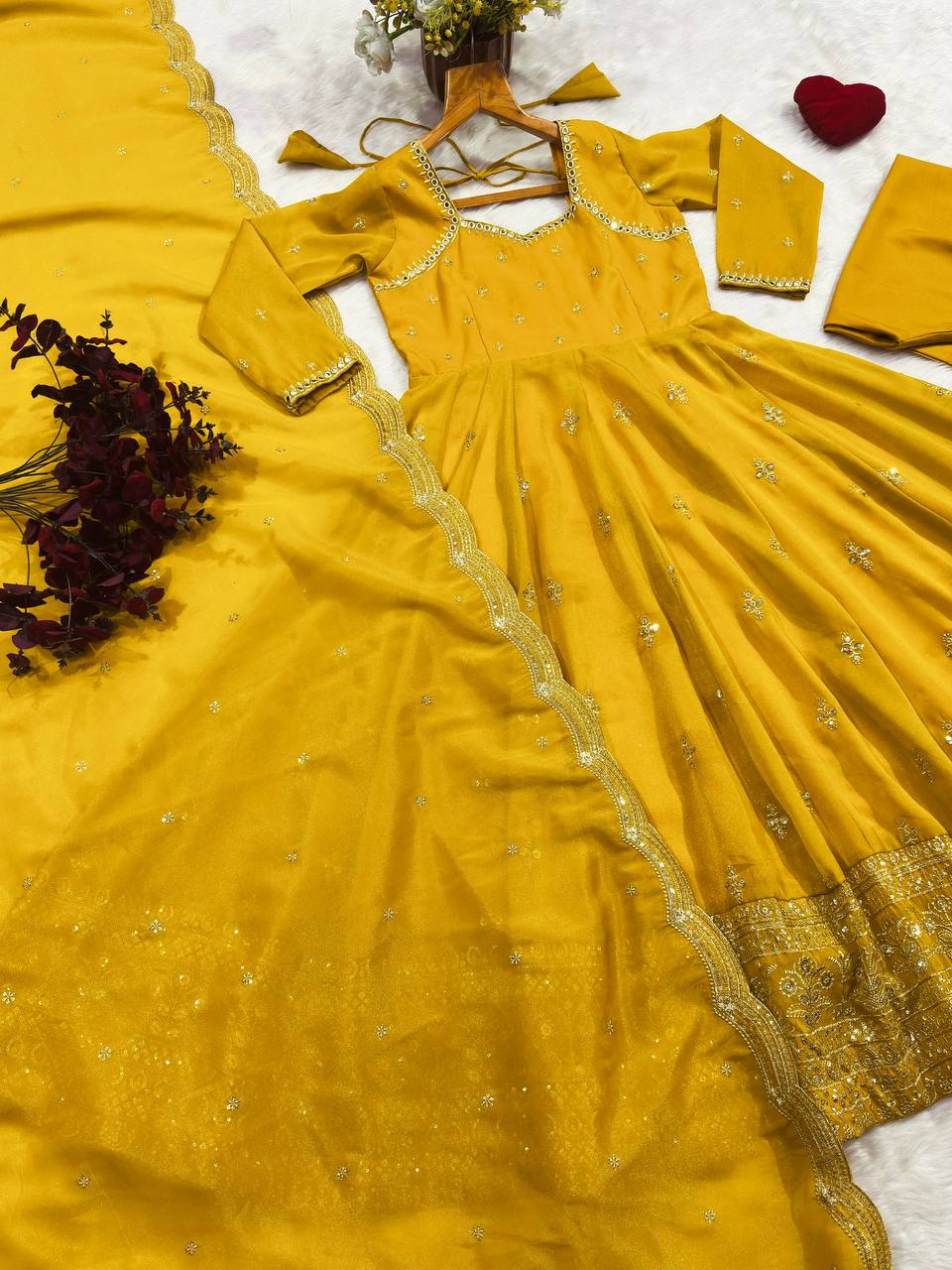 Yellow Anarkali Suit with Heavy Embroidery work