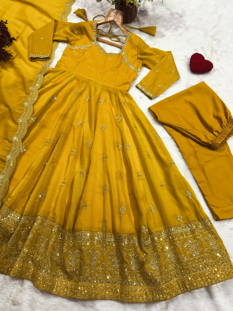 Yellow Anarkali Suit with Heavy Embroidery work
