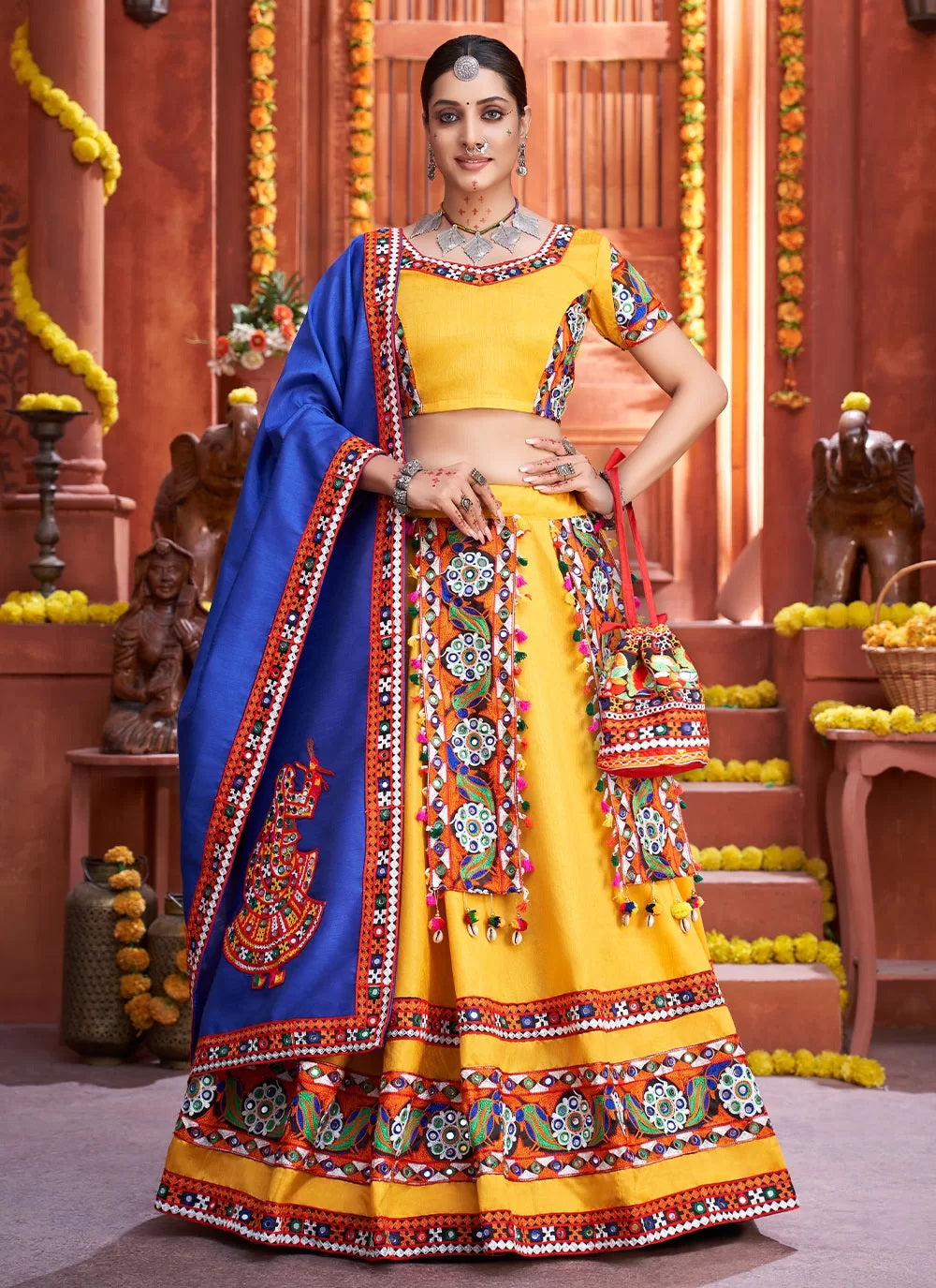 Yellow art silk adorable gamthi work navratri lehenga choli