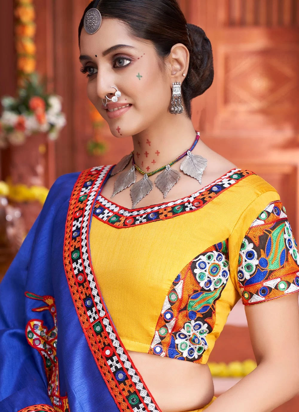Yellow art silk adorable gamthi work navratri lehenga choli