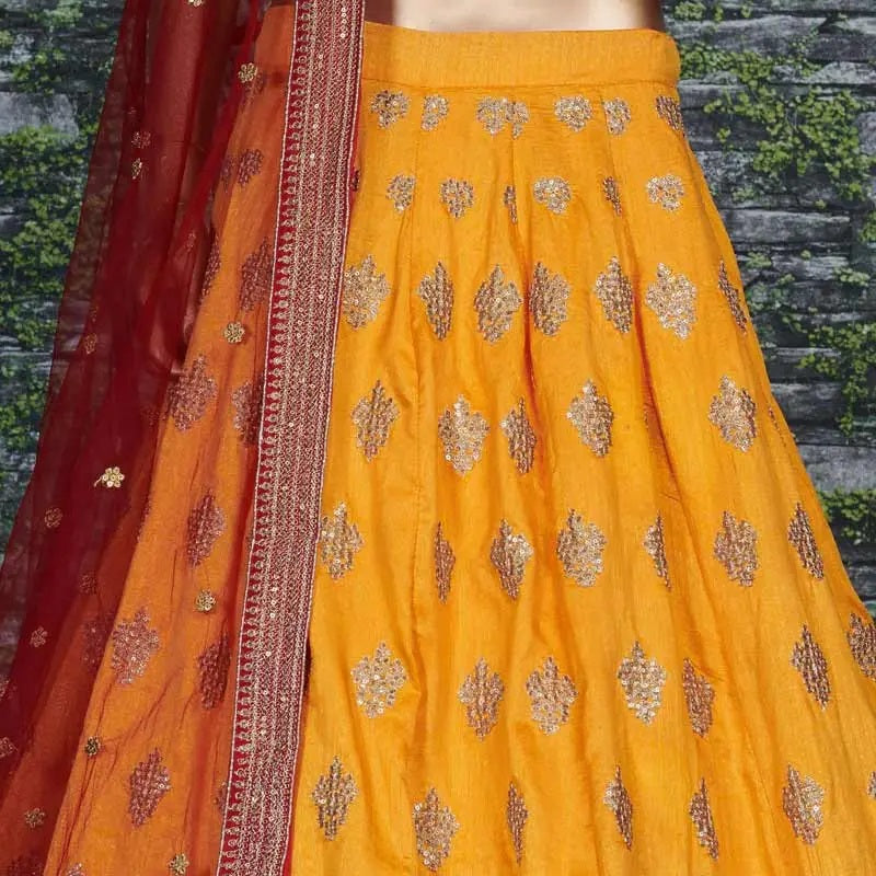 Yellow banarasi silk wedding lehenga