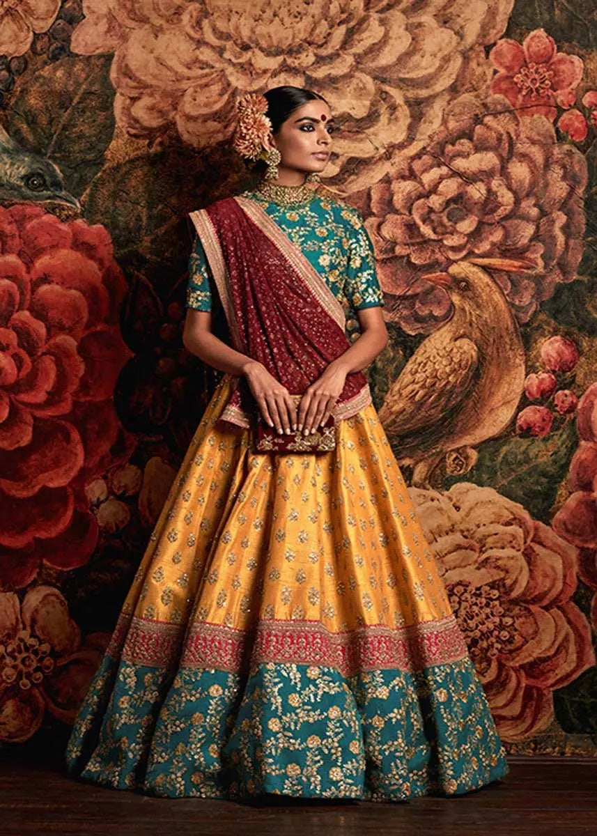 Yellow banarasi silk wedding lehenga