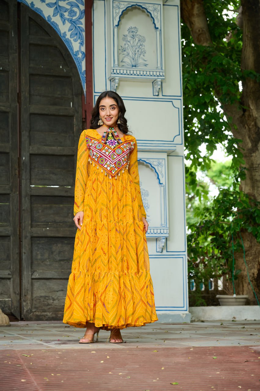 Yellow Bandhani Print Faux Georgette Gown with Kutchi Patchwork – Full Sleeves, 9 Meter Flair, Cotton Lining