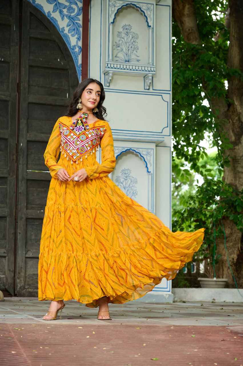 Yellow Bandhani Print Faux Georgette Gown with Kutchi Patchwork – Full Sleeves, 9 Meter Flair, Cotton Lining