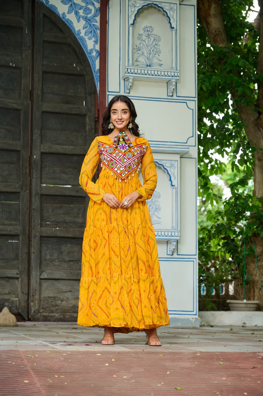 Yellow Bandhani Print Faux Georgette Gown with Kutchi Patchwork – Full Sleeves, 9 Meter Flair, Cotton Lining