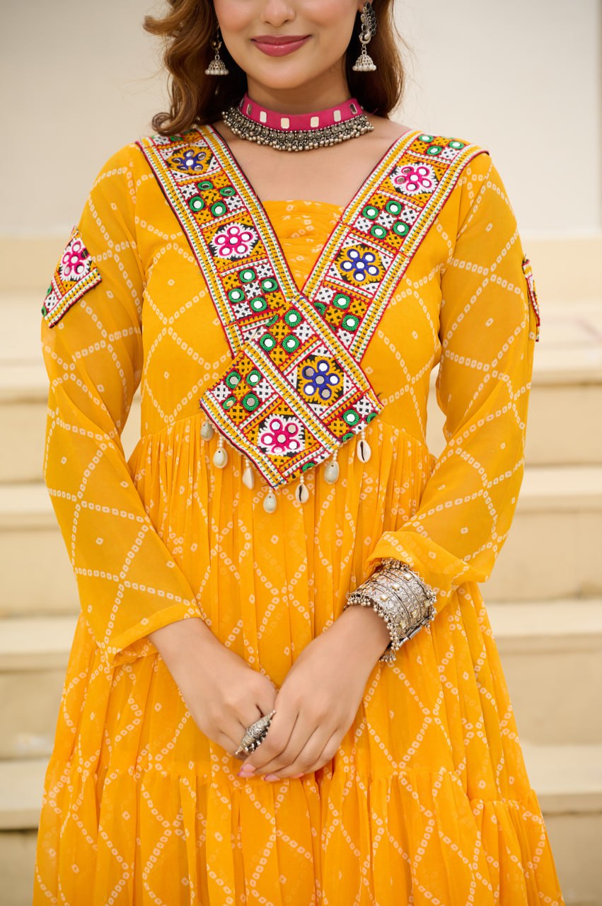 Yellow Bandhani Print Faux Georgette Gown with Kutchi Patchwork