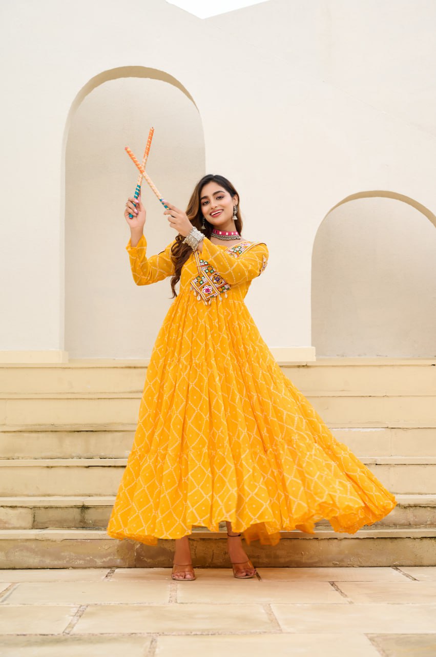 Yellow Bandhani Print Faux Georgette Gown with Kutchi Patchwork