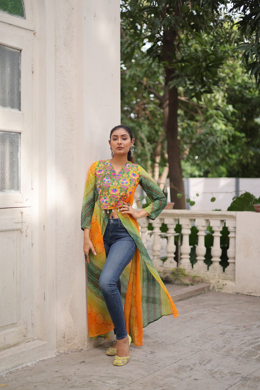 Yellow Bandhani Print Faux Georgette Kurti with Kutchi Patchwork
