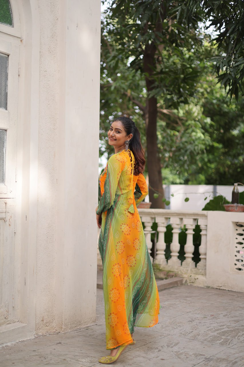 Yellow Bandhani Print Faux Georgette Kurti with Kutchi Patchwork