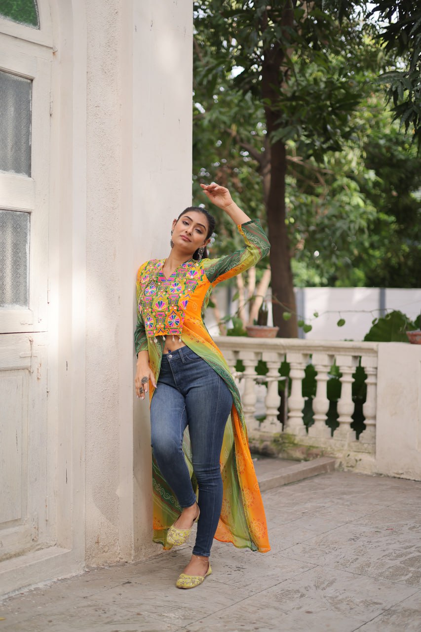 Yellow Bandhani Print Faux Georgette Kurti with Kutchi Patchwork