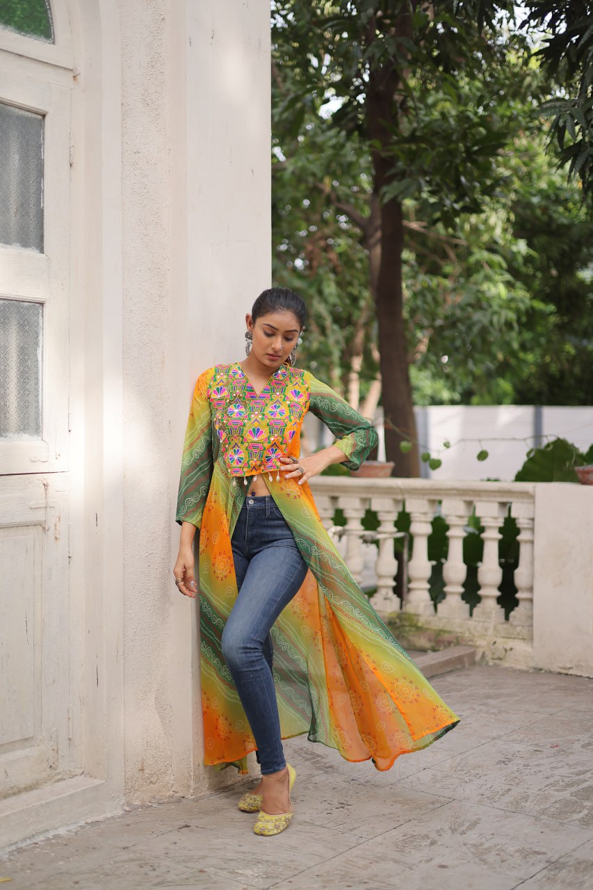 Yellow Bandhani Print Faux Georgette Kurti with Kutchi Patchwork