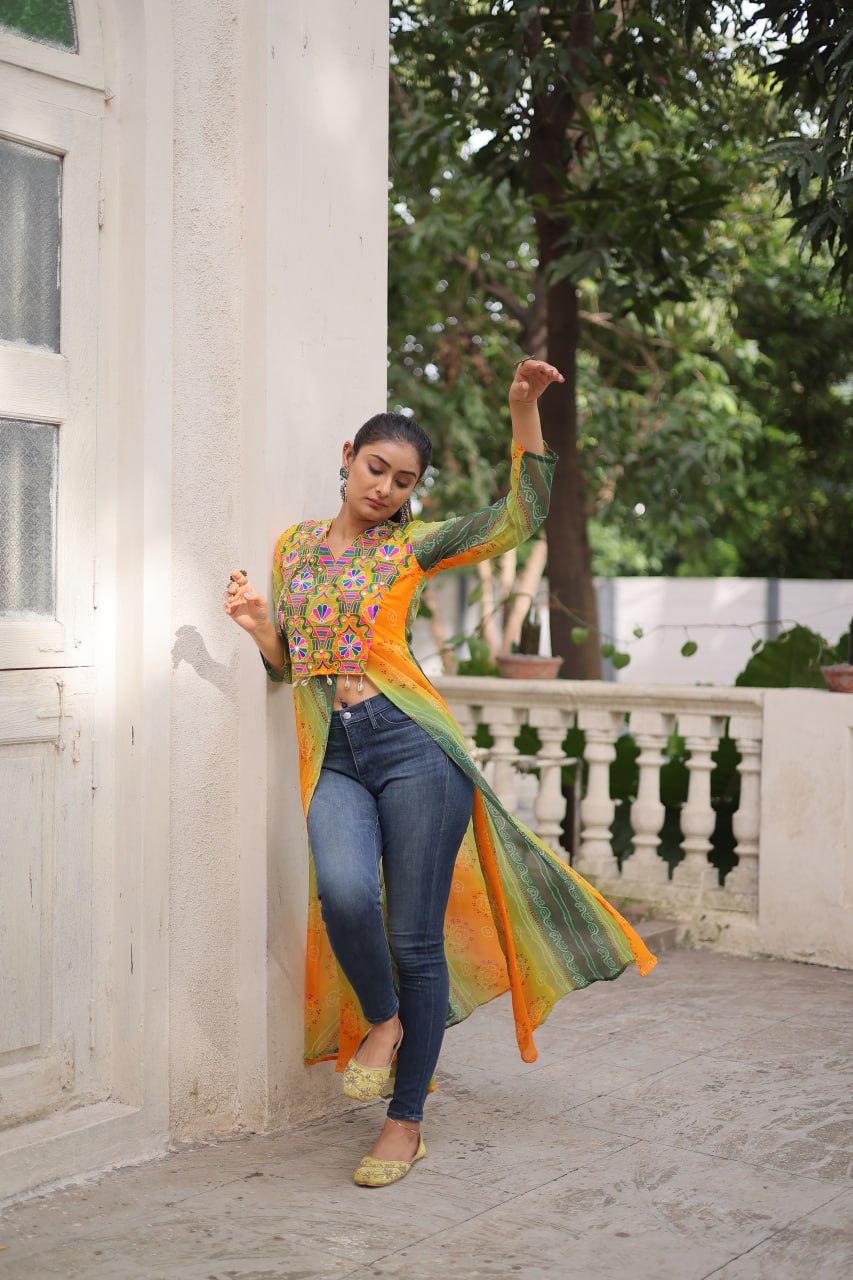 Yellow Bandhani Print Faux Georgette Kurti with Kutchi Patchwork