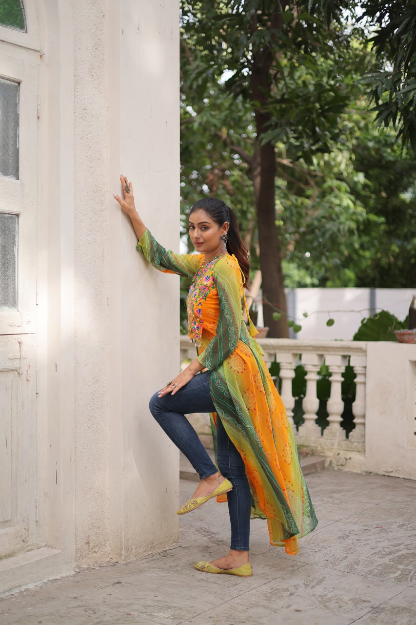 Yellow Bandhani Print Faux Georgette Kurti with Kutchi Patchwork