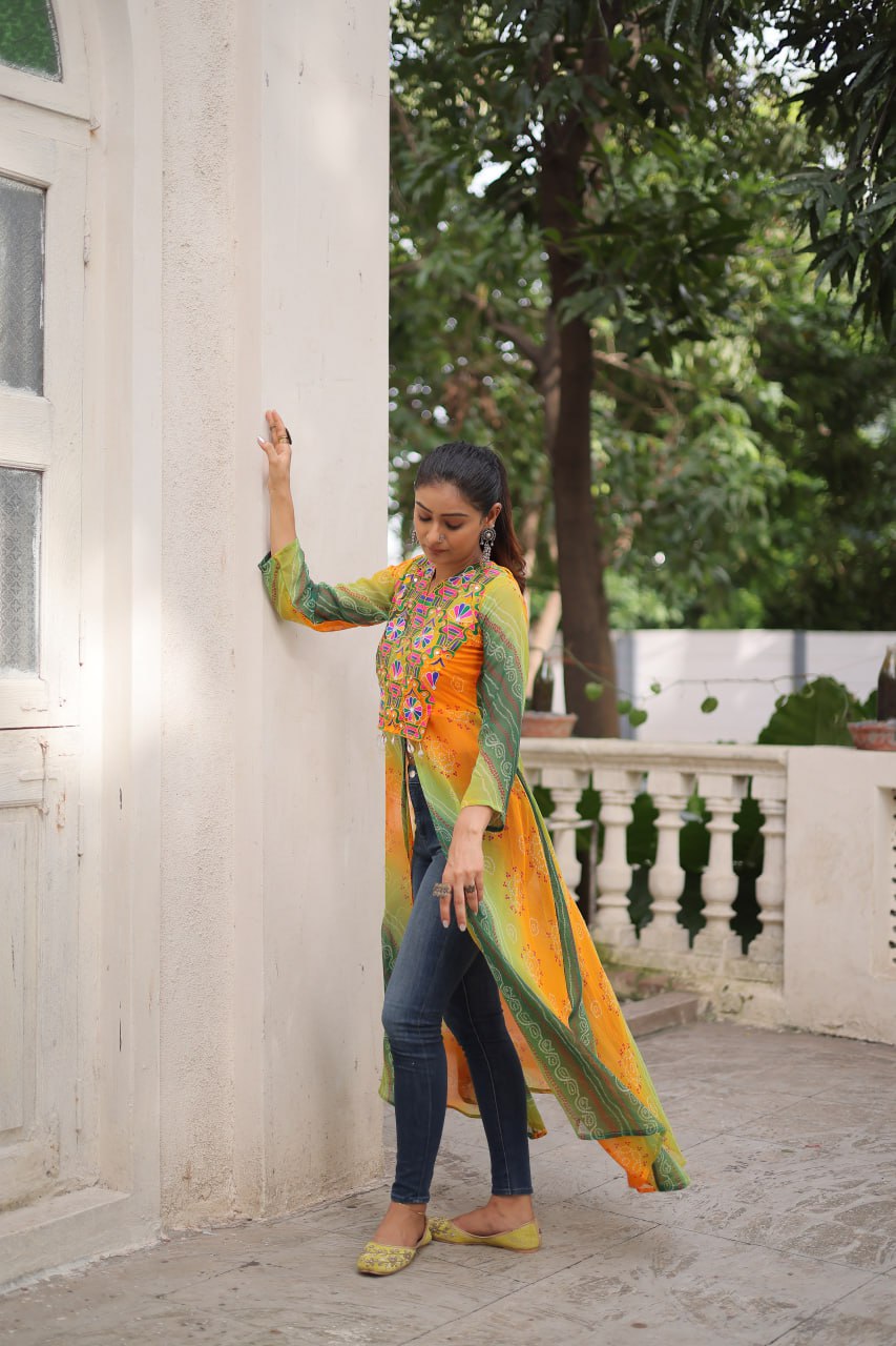 Yellow Bandhani Print Faux Georgette Kurti with Kutchi Patchwork