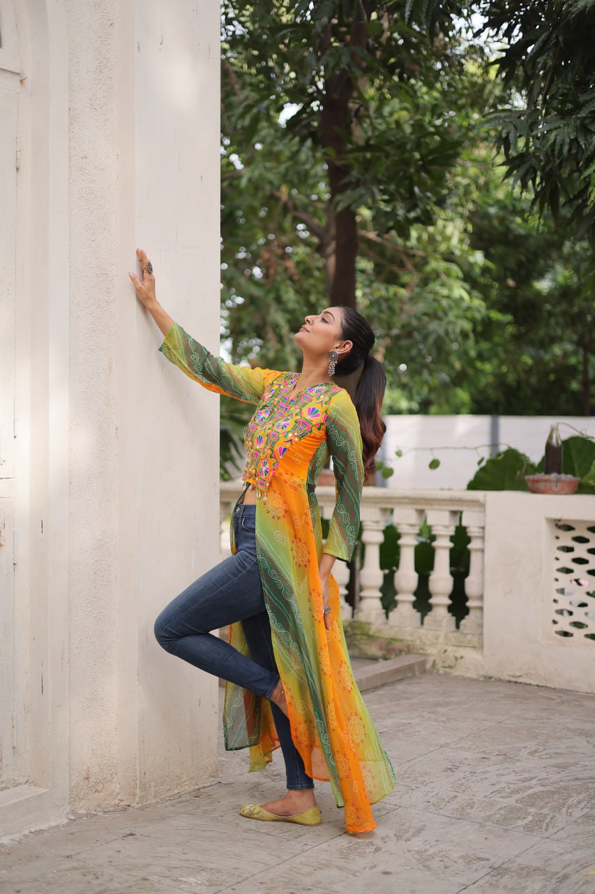 Yellow Bandhani Print Faux Georgette Kurti with Kutchi Patchwork