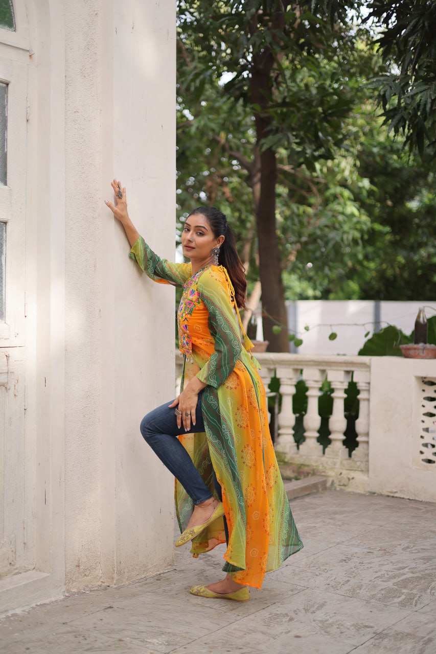 Yellow Bandhani Print Faux Georgette Kurti with Kutchi Patchwork