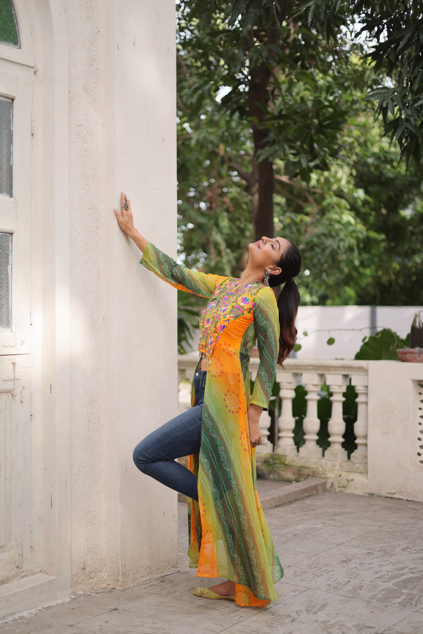 Yellow Bandhani Print Faux Georgette Kurti with Kutchi Patchwork