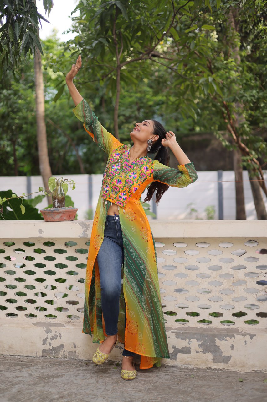 Yellow Bandhani Print Faux Georgette Kurti with Kutchi Patchwork