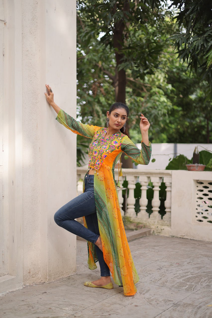 Yellow Bandhani Print Faux Georgette Kurti with Kutchi Patchwork