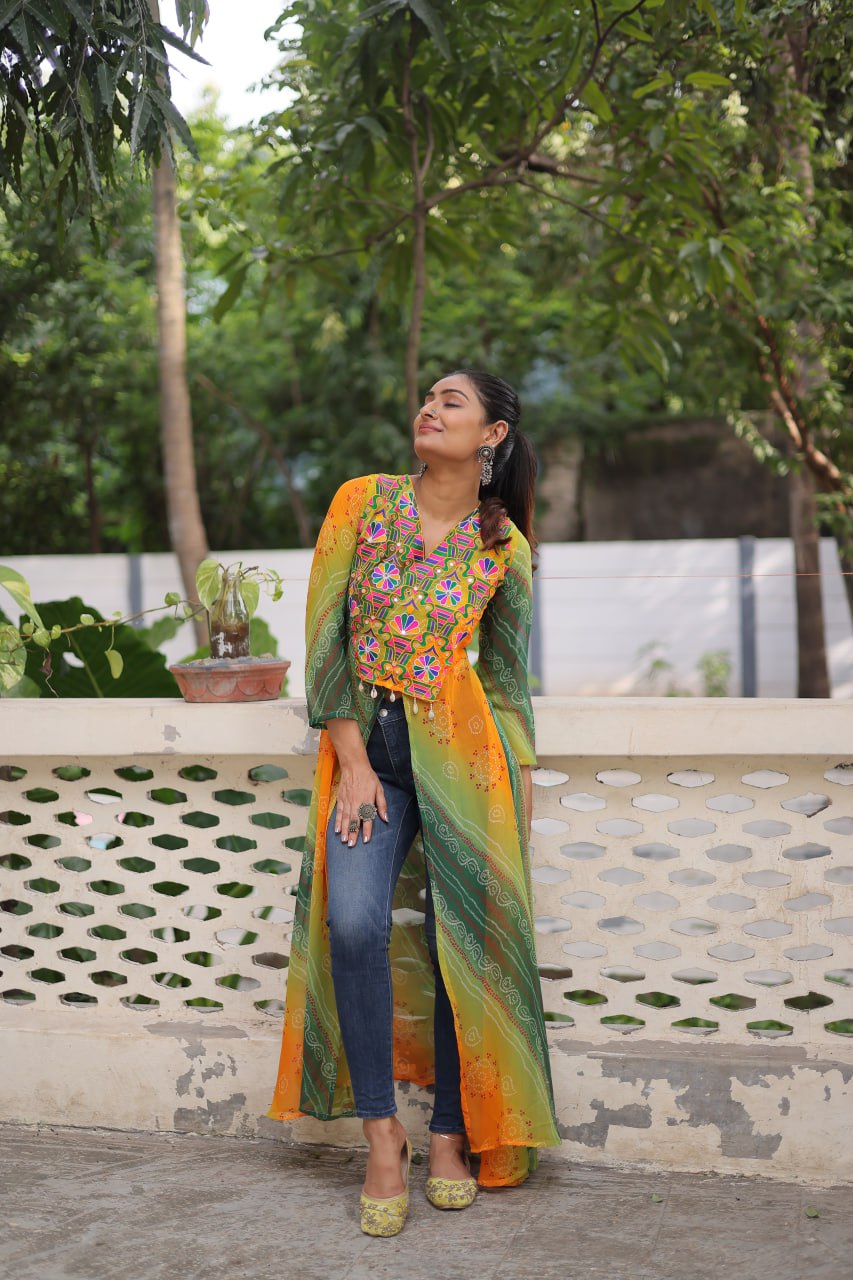 Yellow Bandhani Print Faux Georgette Kurti with Kutchi Patchwork