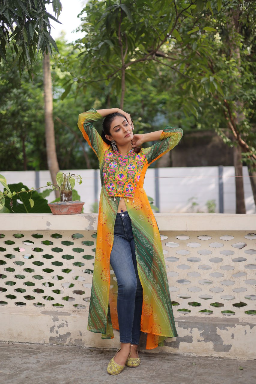 Yellow Bandhani Print Faux Georgette Kurti with Kutchi Patchwork