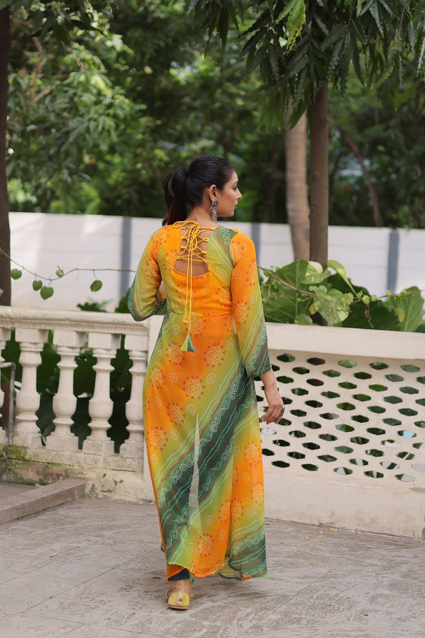 Yellow Bandhani Print Faux Georgette Kurti with Kutchi Patchwork