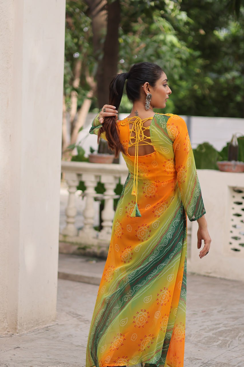 Yellow Bandhani Print Faux Georgette Kurti with Kutchi Patchwork