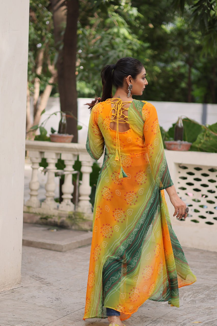 Yellow Bandhani Print Faux Georgette Kurti with Kutchi Patchwork