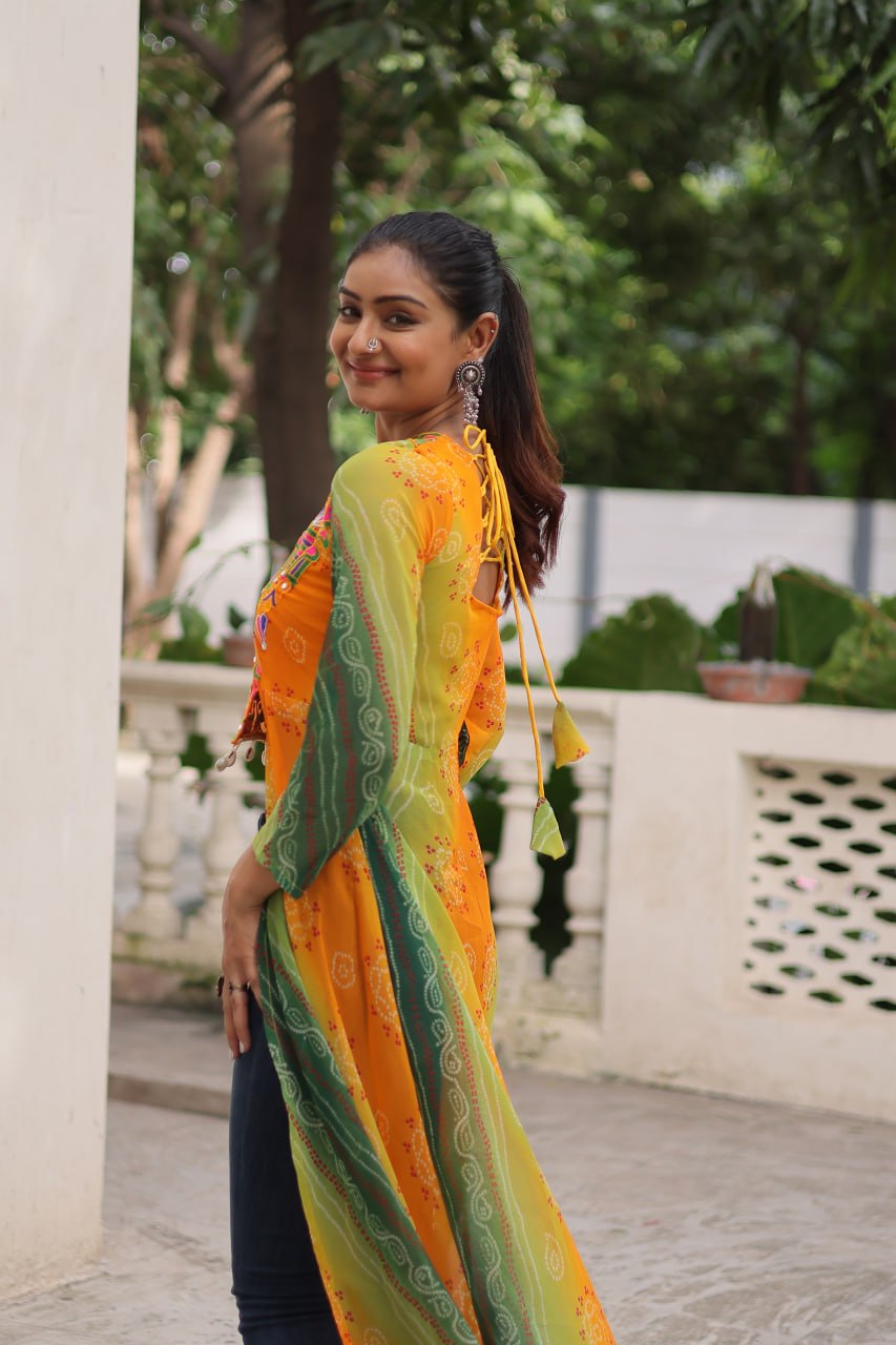 Yellow Bandhani Print Faux Georgette Kurti with Kutchi Patchwork