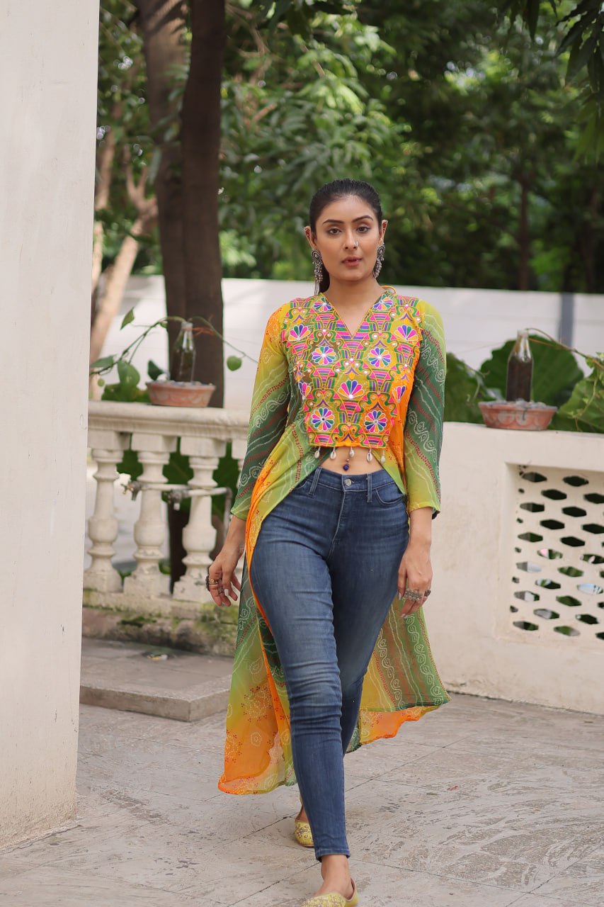 Yellow Bandhani Print Faux Georgette Kurti with Kutchi Patchwork