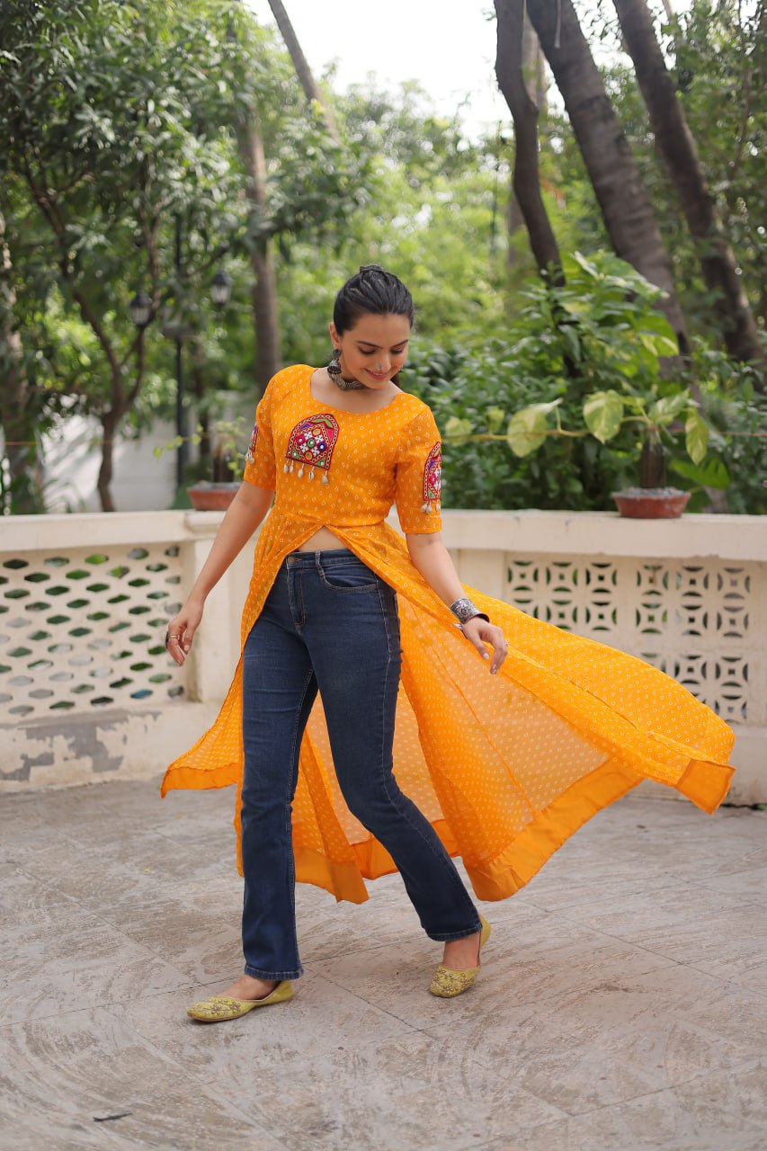 Yellow Bandhani Print Kurti with Kutchi Patchwork Detailing