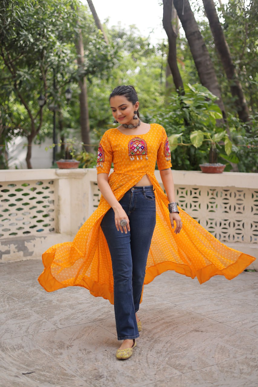 Yellow Bandhani Print Kurti with Kutchi Patchwork Detailing