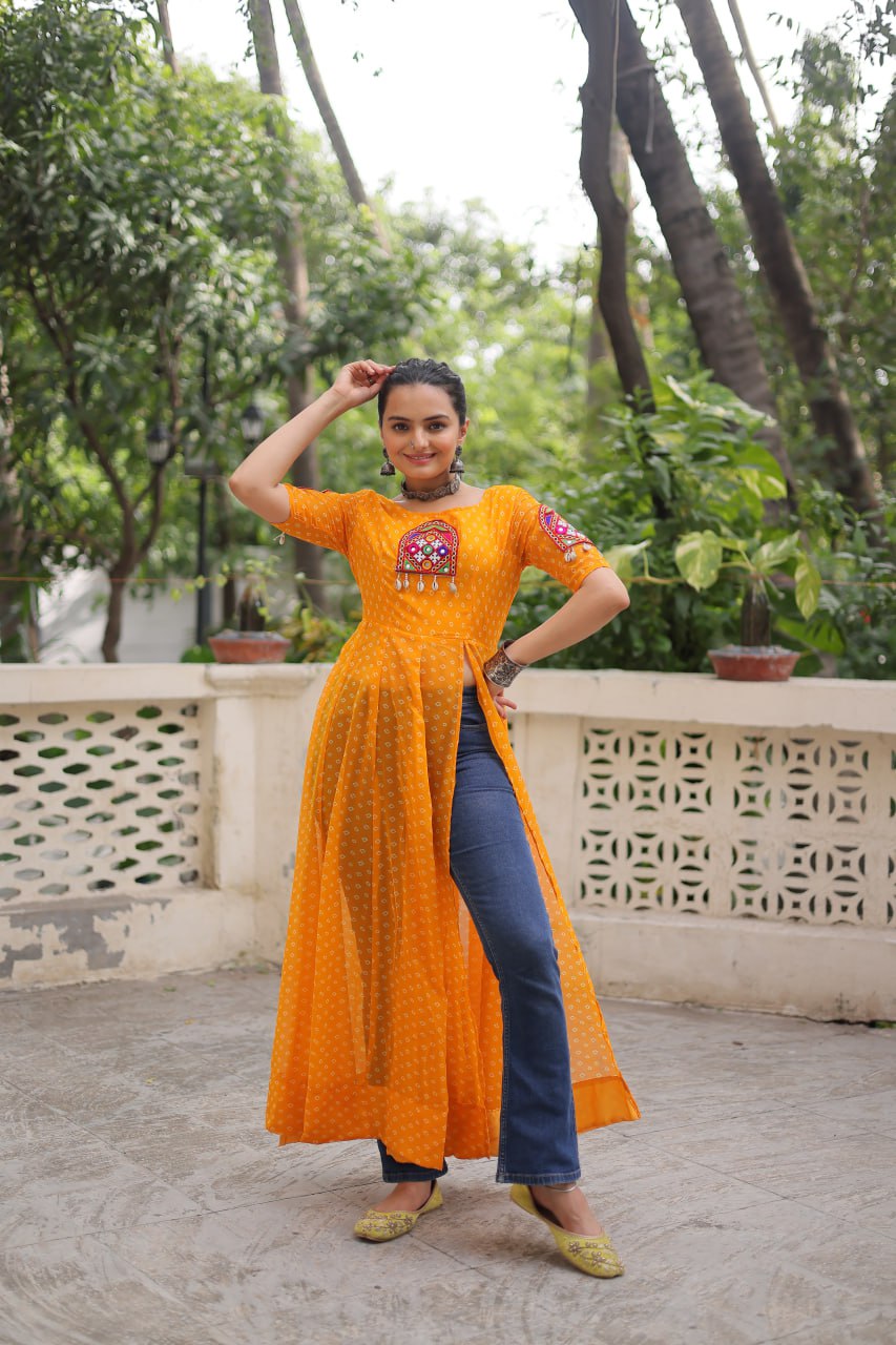 Yellow Bandhani Print Kurti with Kutchi Patchwork Detailing